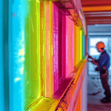 Picture of thermacote coating applied to a wall, in sections of rainbow colour shades